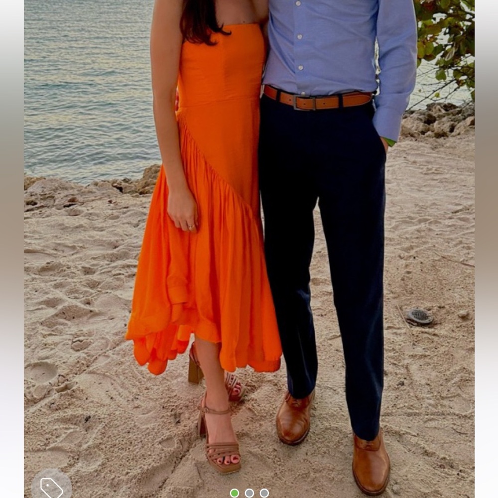 Orange strapless midi formal dress with full skirt